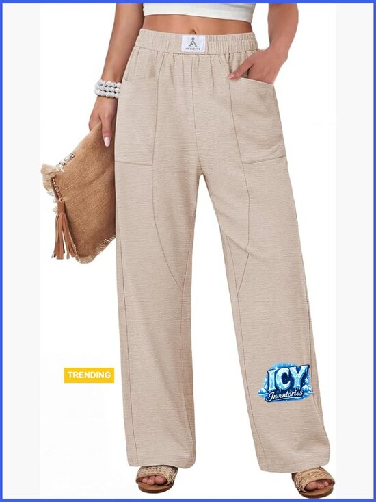 Pants - Casual Lounge Pants with Pockets High Waisted Elastic Waist Straight Leg